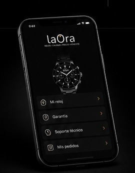 App laOra abierta en un iPhone, con accesos a Mi reloj, Garantía, Soporte técnico y Mis pedidos