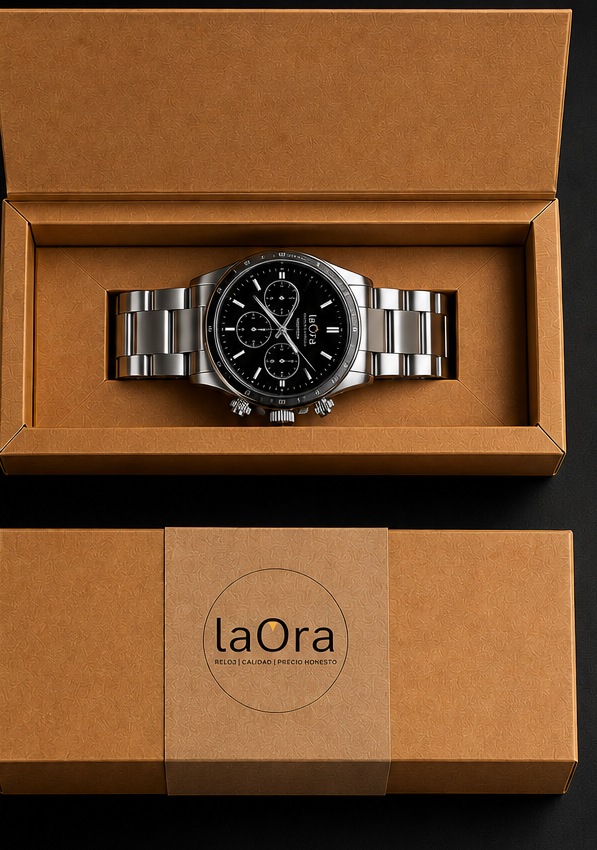 Caja de laOra abierta con el reloj dentro, junto a la caja cerrada con la marca laOra