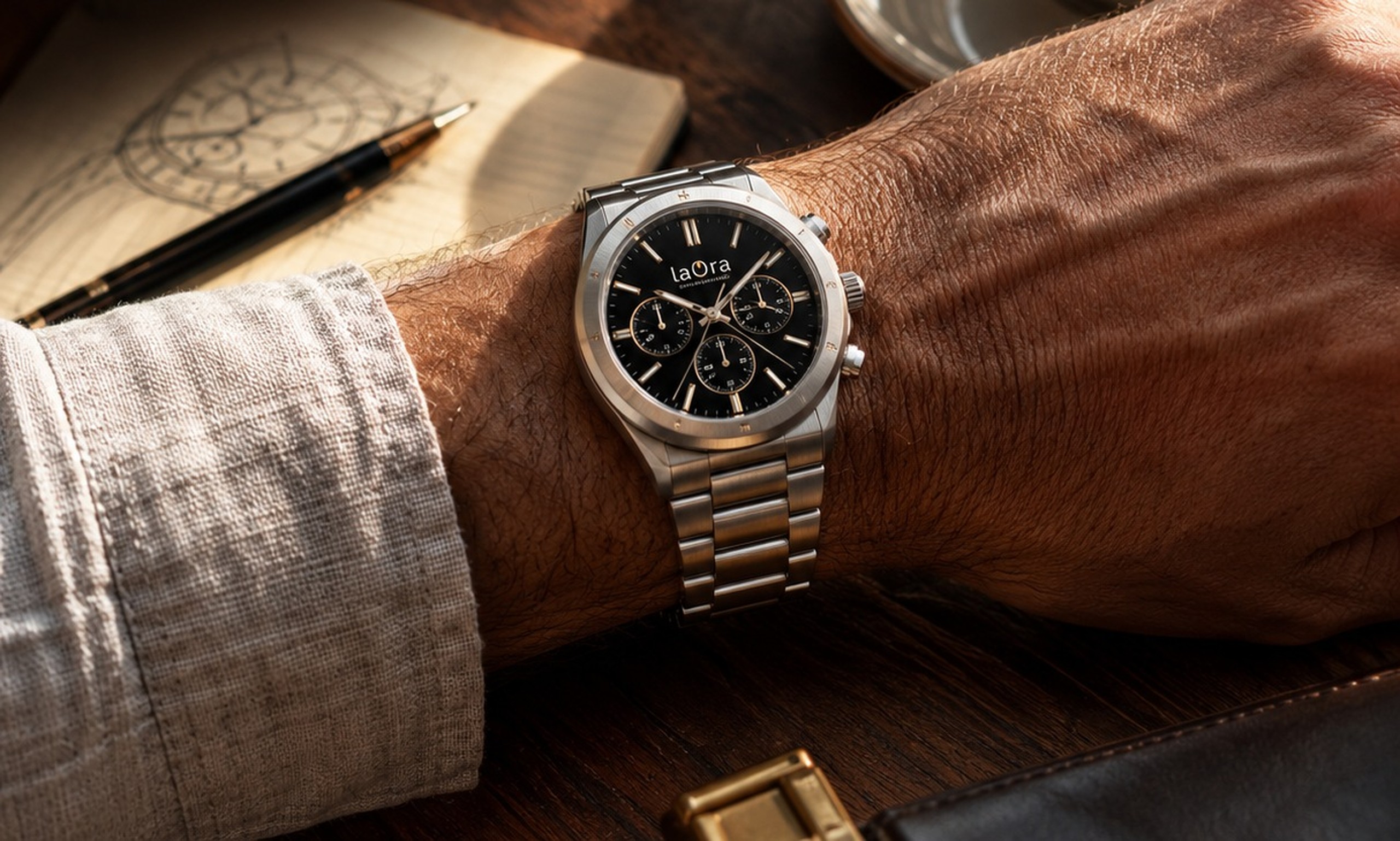 Reloj laOra en la muñeca de un hombre, sobre un escritorio de madera con una cámara vintage, café y un cuaderno de bocetos