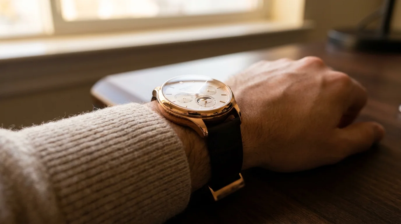 Un reloj clásico en la muñeca de un hombre, con la luz de una ventana detrás