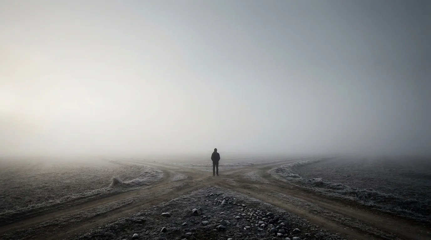 Un hombre solo, de espaldas, ante una bifurcación de caminos de tierra entre la niebla