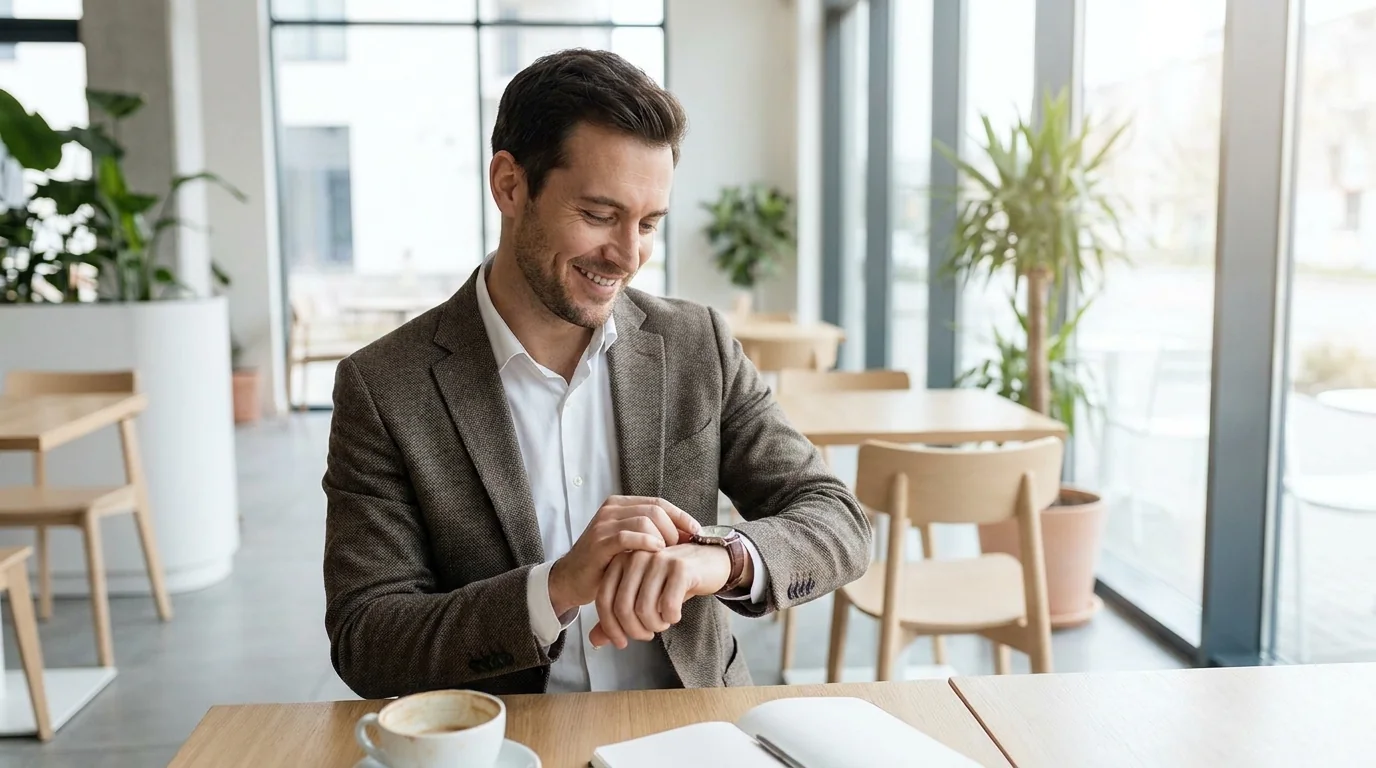 Un hombre sonríe mirando el reloj que lleva puesto