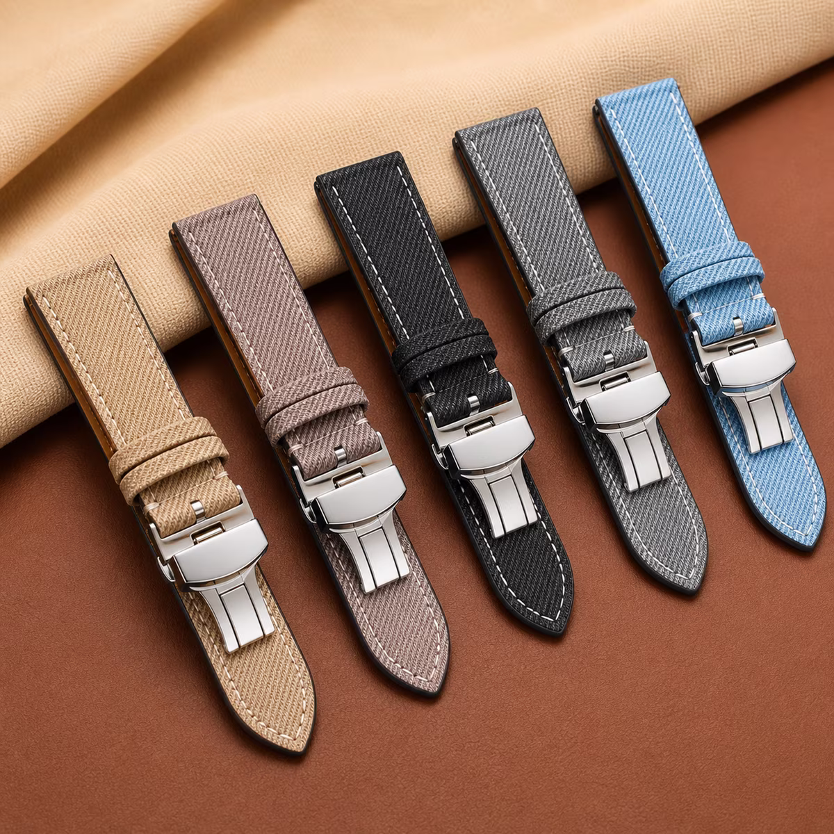 Los cinco colores de la correa de tela vaquera: beige, malva, negra, gris y azul claro