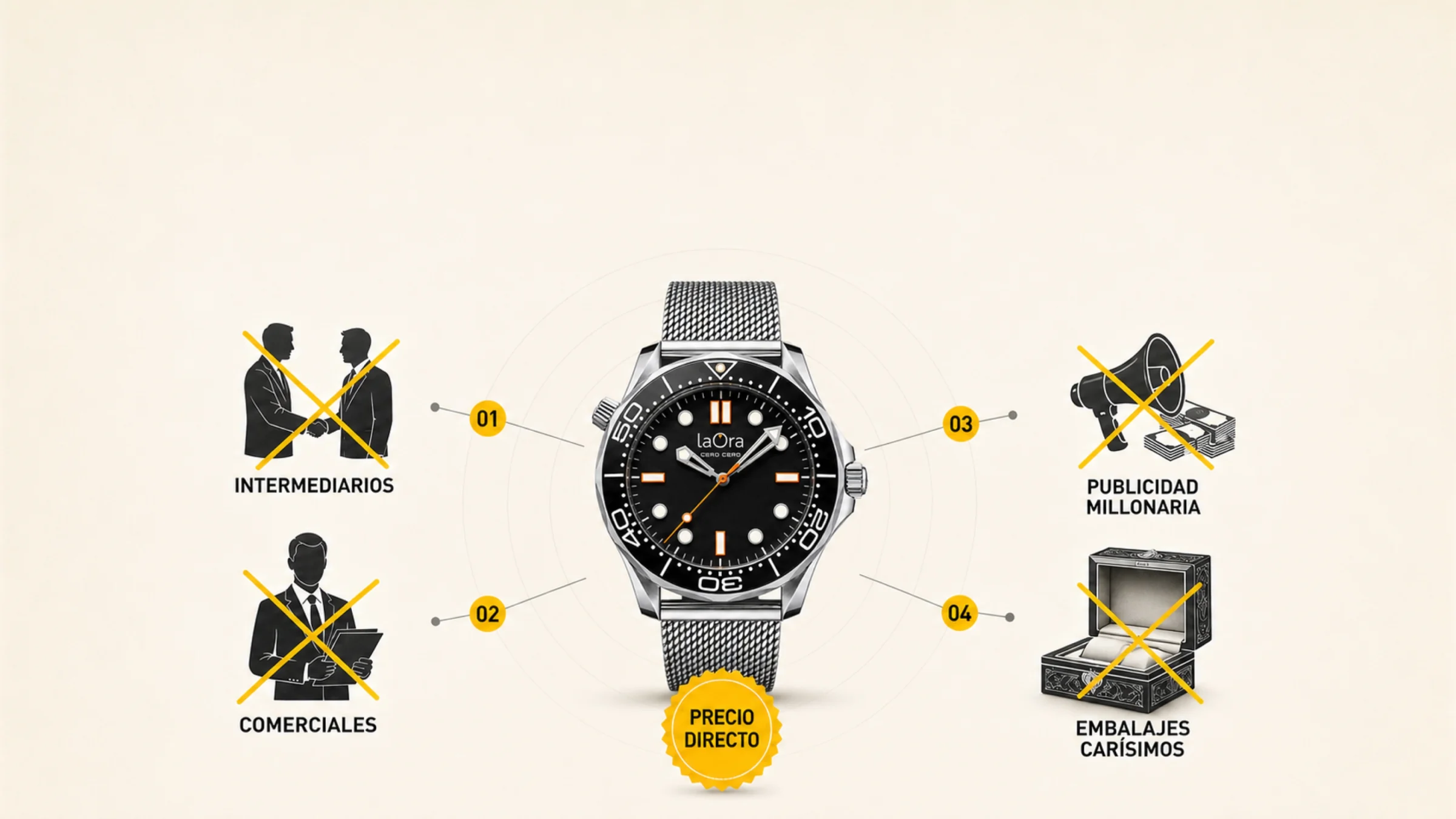 El reloj laOra Cero Cero en el centro y, tachados en amarillo, los cuatro costes que se quitan de en medio: intermediarios, comerciales, publicidad millonaria y embalajes carísimos. Debajo, un sello de precio directo