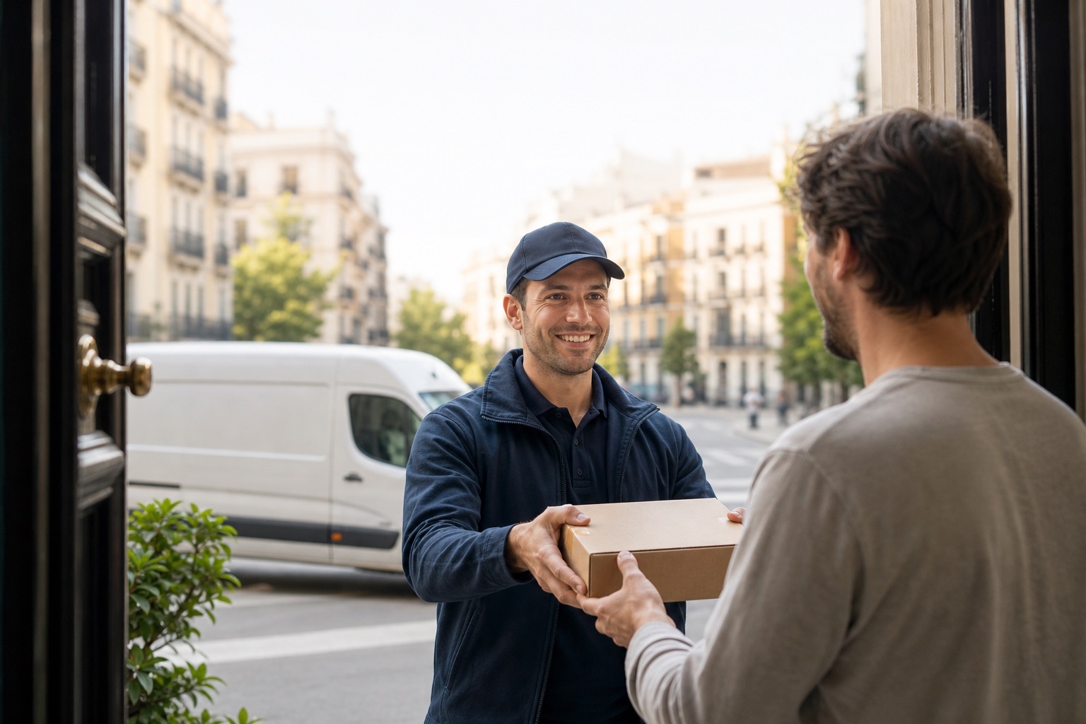 Mensajero profesional entregando un paquete a domicilio en Madrid