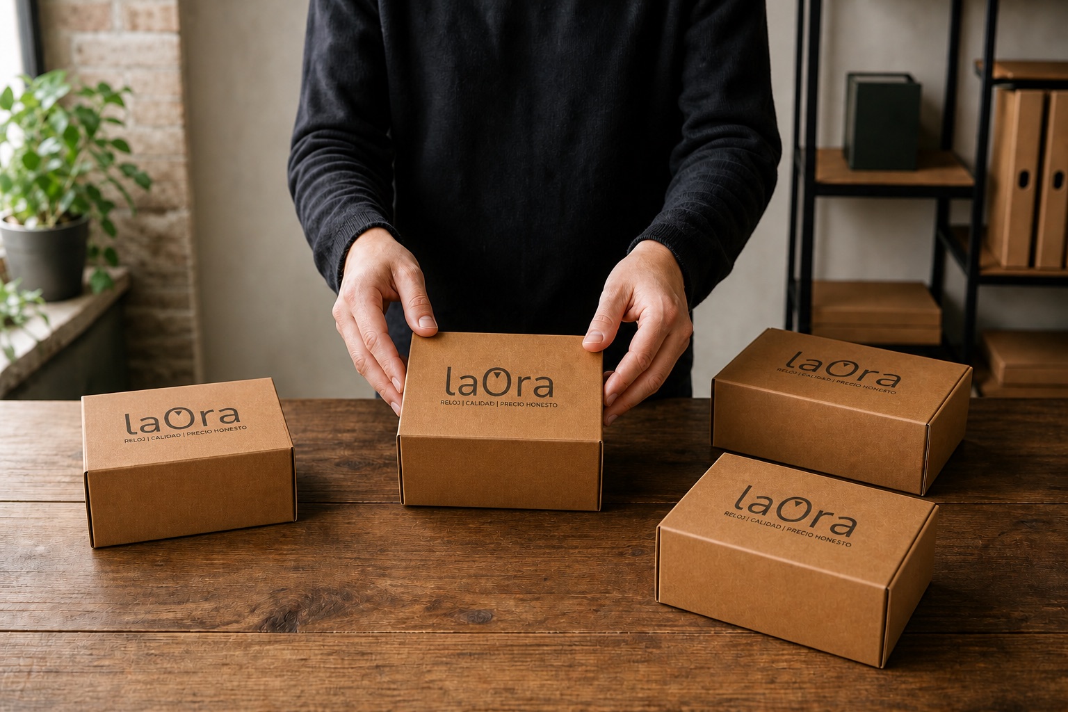 Cajas cerradas laOra con sello negro preparadas para el envío