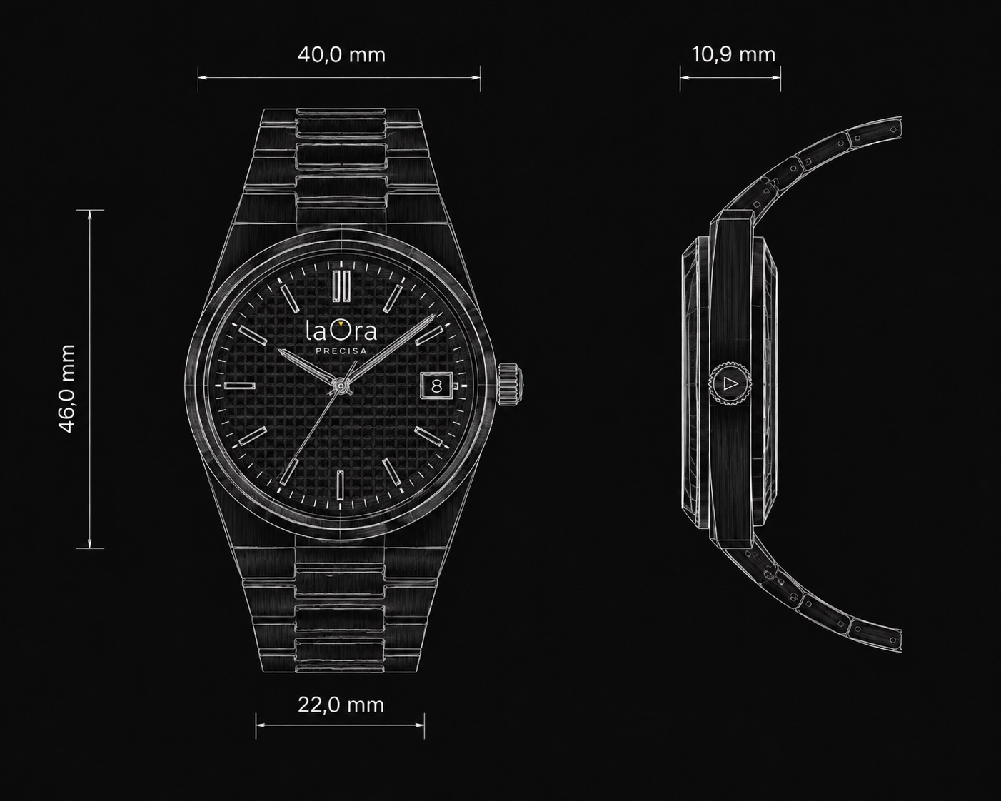 Plano técnico del LO-04 Precisa: 40 mm de caja, 46 mm asa a asa, 22 mm de brazalete, 10,9 mm de grosor